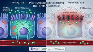 Diagram illustrating how proton pump inhibitors affect intestinal enterocyte TRPM6 and TRPM7 ion channels to reduce magnesium absorption