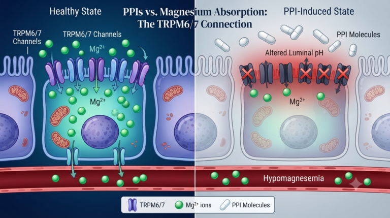 Diagram illustrating how proton pump inhibitors affect intestinal enterocyte TRPM6 and TRPM7 ion channels to reduce magnesium absorption